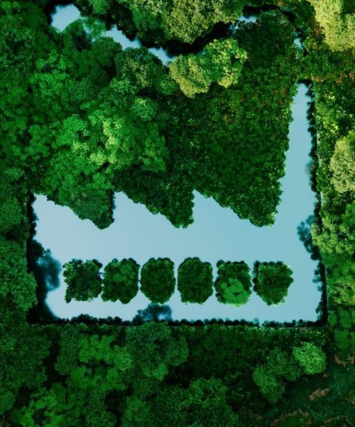 The concept of environmentally friendly production. A pond shaped like a factory in the middle of a lush forest. 3d rendering.